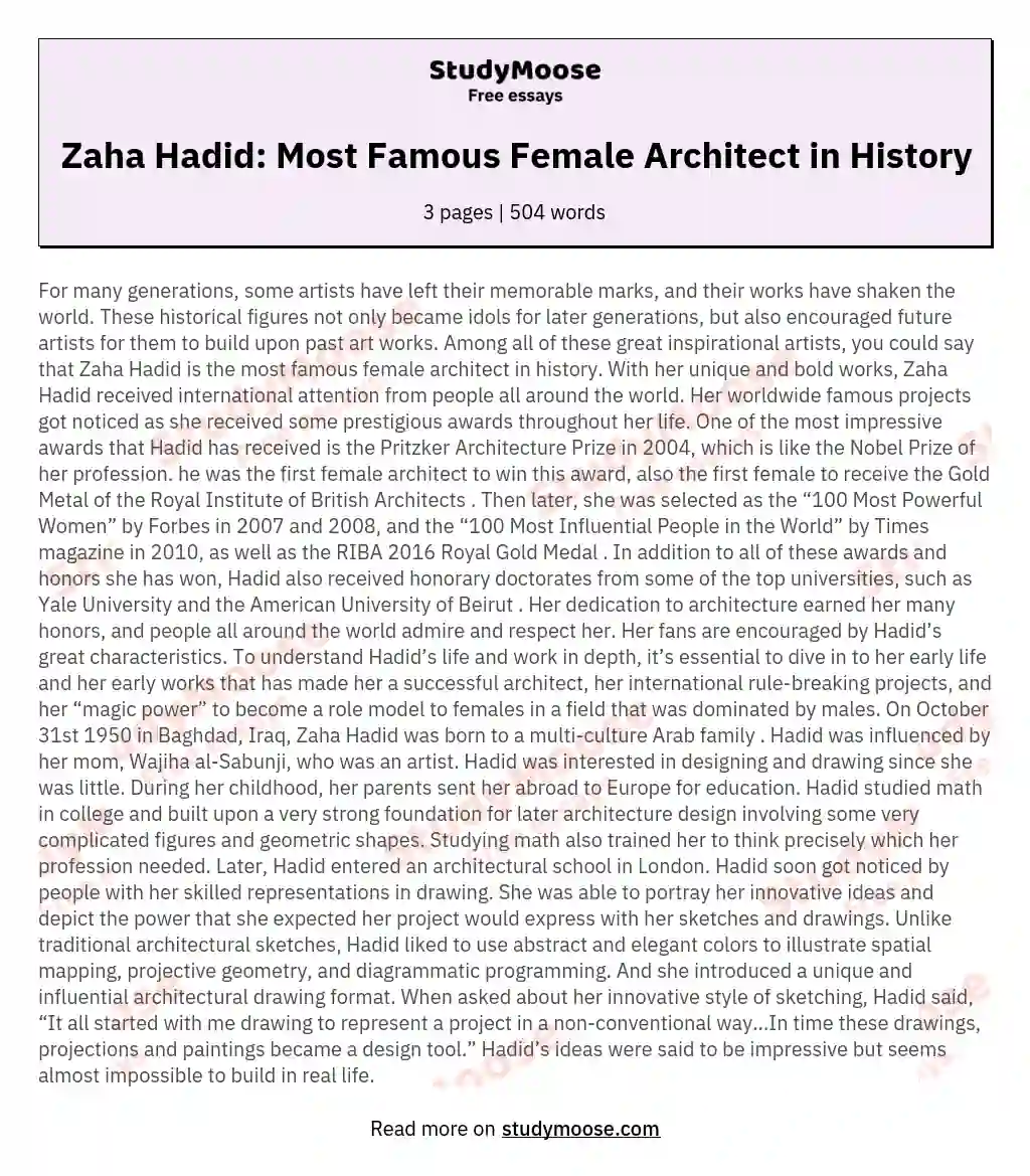 Zaha Hadid: Most Famous Female Architect in History essay