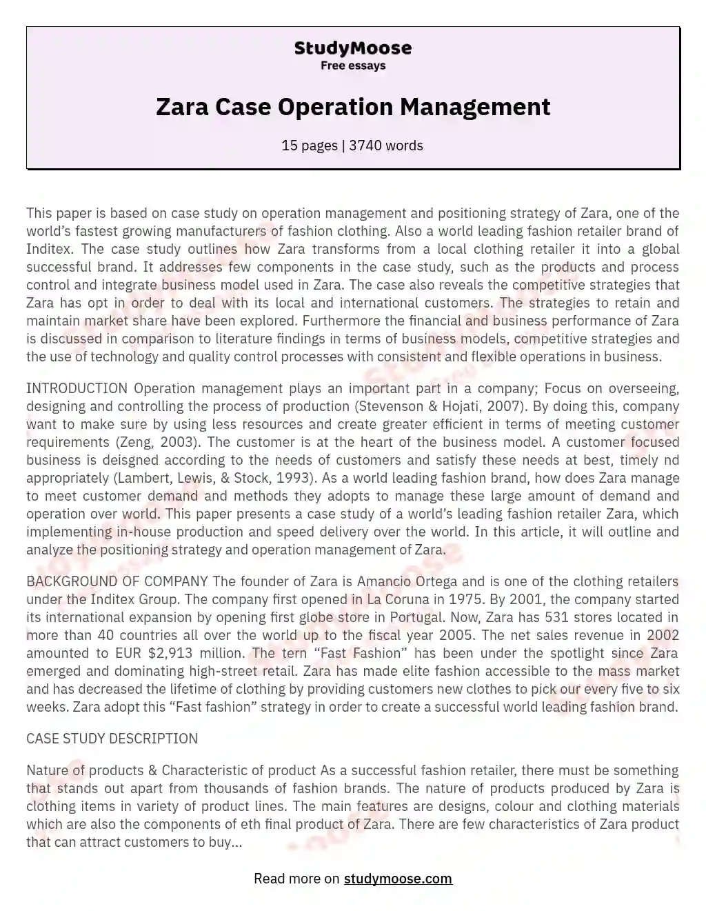 Zara Case Operation Management essay
