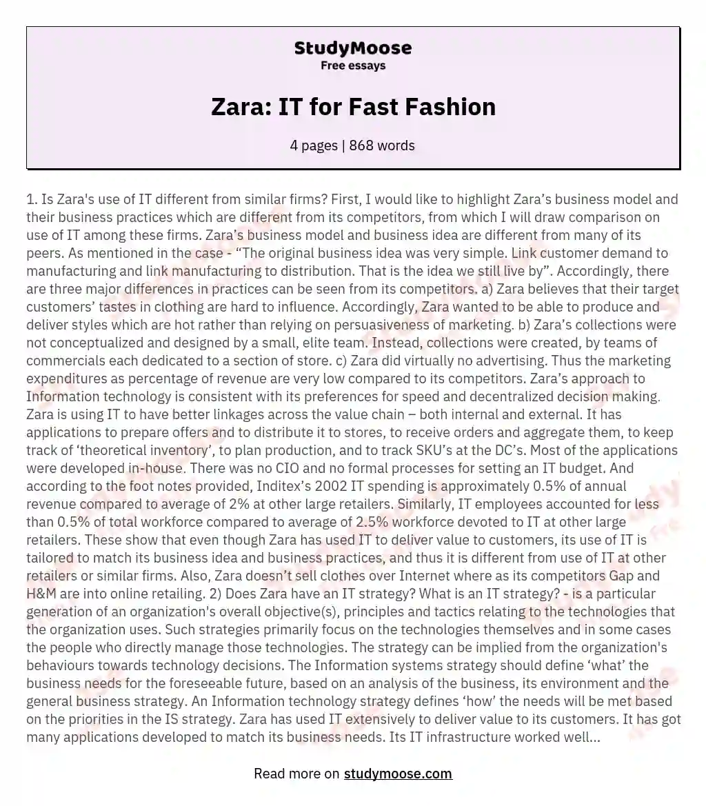 Zara: IT for Fast Fashion essay