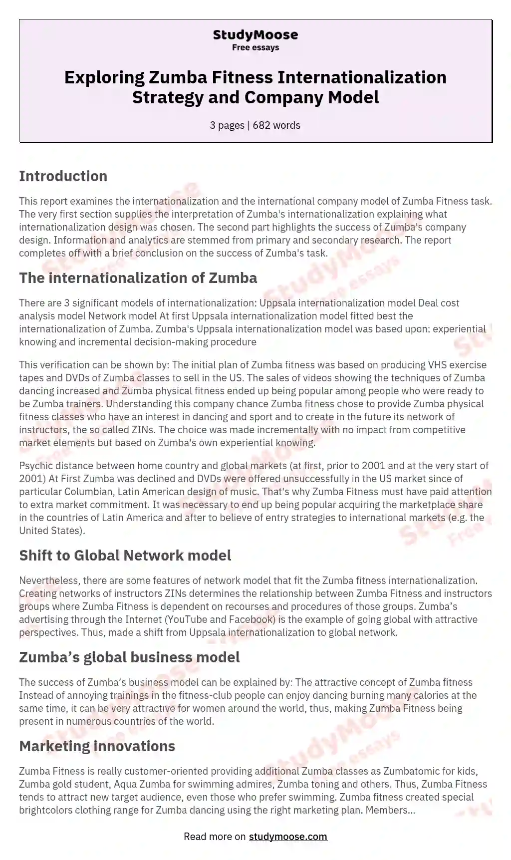 Exploring Zumba Fitness Internationalization Strategy and Company Model essay