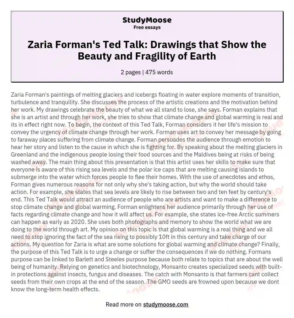 Zaria Forman's Ted Talk: Drawings that Show the Beauty and Fragility of Earth essay