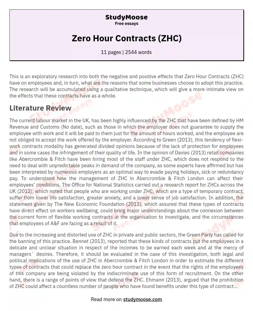 Zero Hour Contracts (ZHC) essay