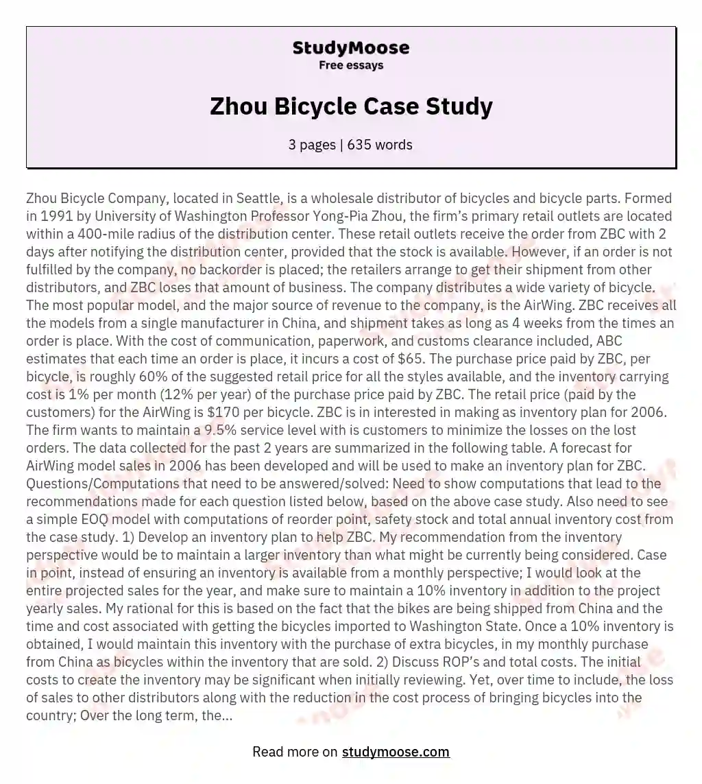 Zhou Bicycle Case Study essay