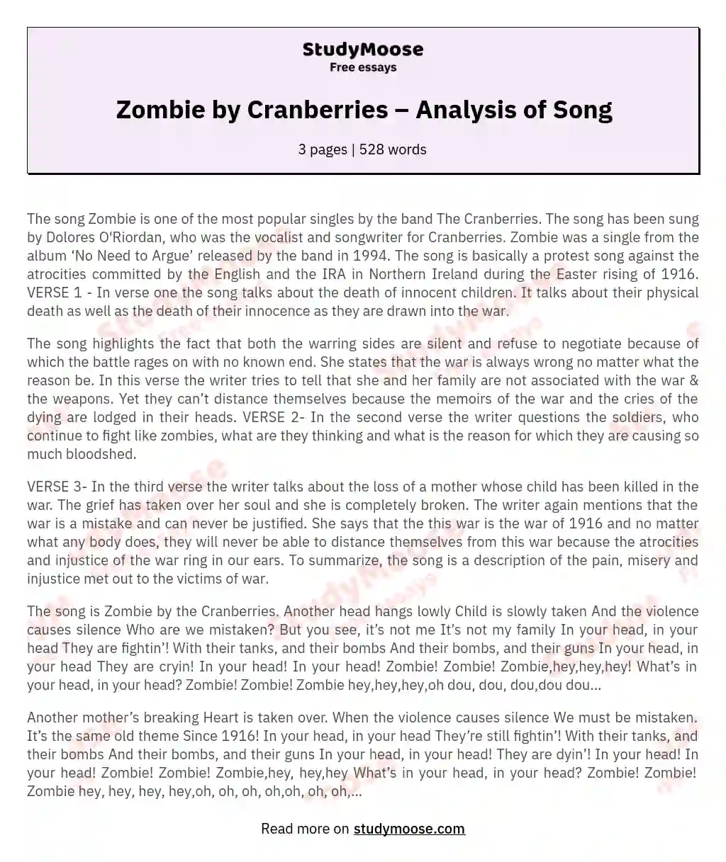 Zombie by Cranberries – Analysis of Song essay