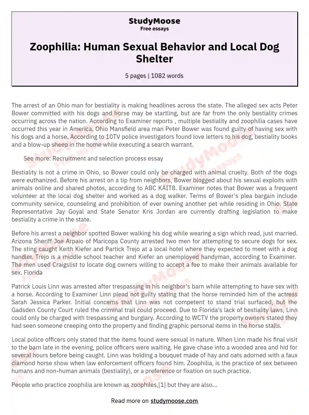 Zoophilia: Human Sexual Behavior and Local Dog Shelter essay
