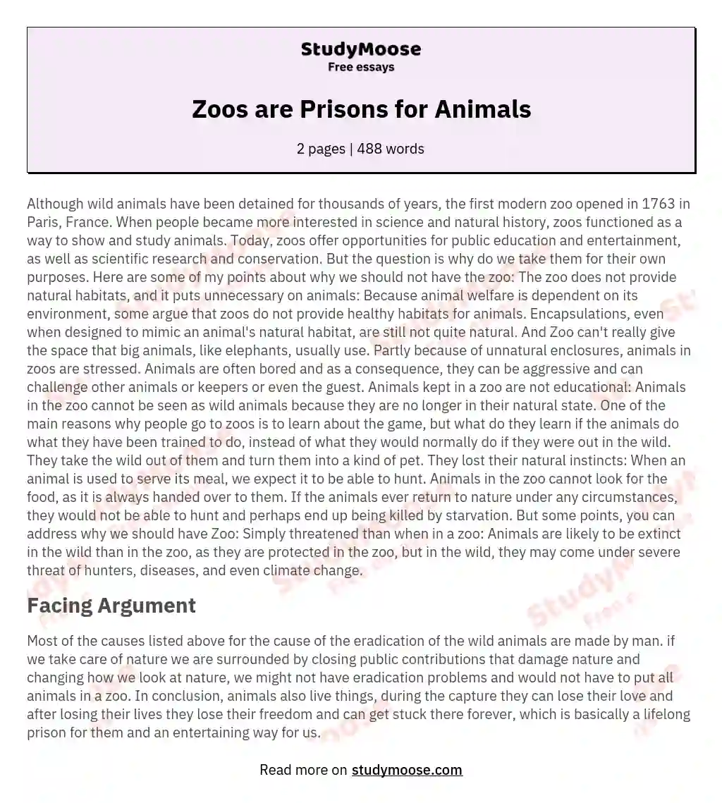 Zoos are Prisons for Animals - Argumentative Essay Example