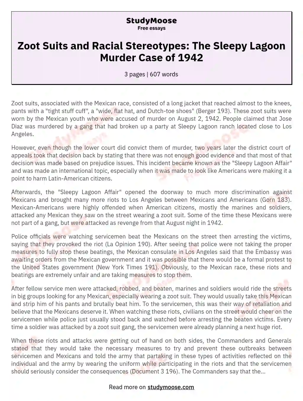 Zoot Suits and Racial Stereotypes: The Sleepy Lagoon Murder Case of 1942 essay