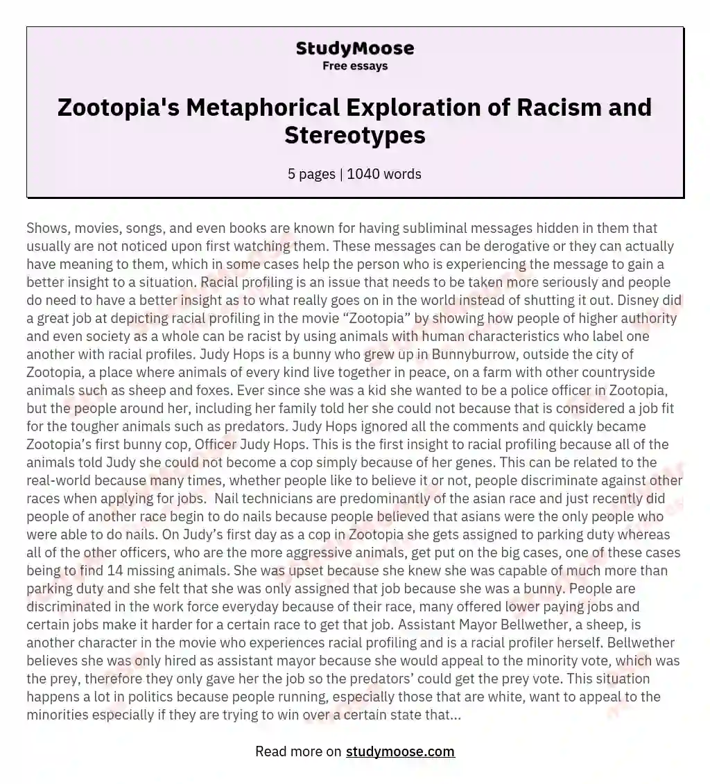Zootopia's Metaphorical Exploration of Racism and Stereotypes essay
