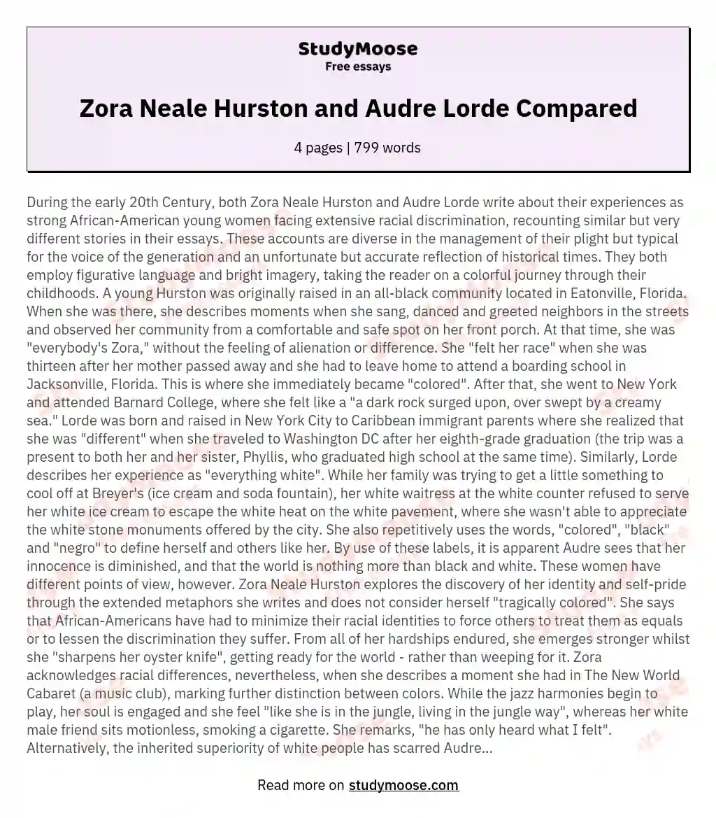 Zora Neale Hurston and Audre Lorde Compared essay