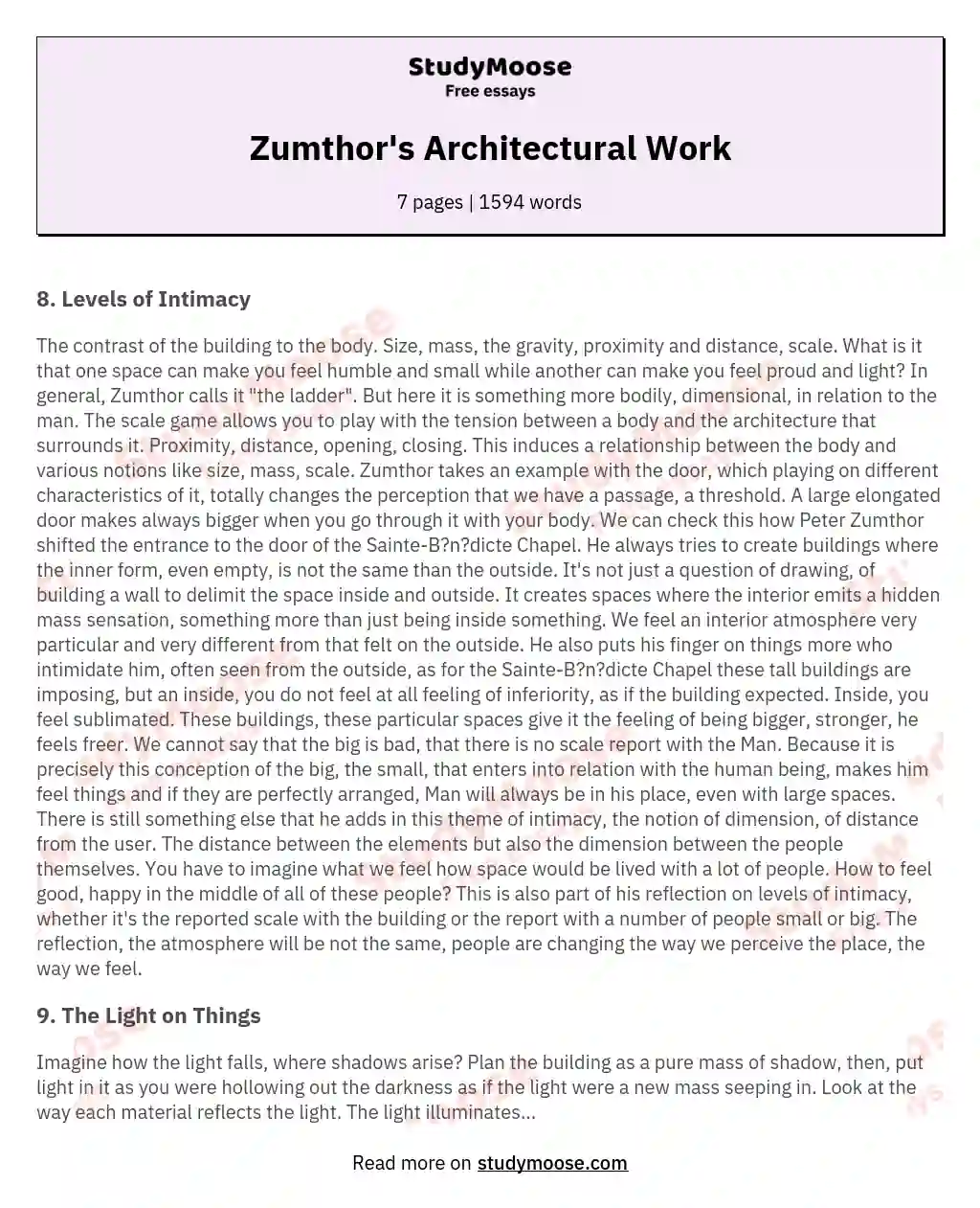 Zumthor's Architectural Work essay