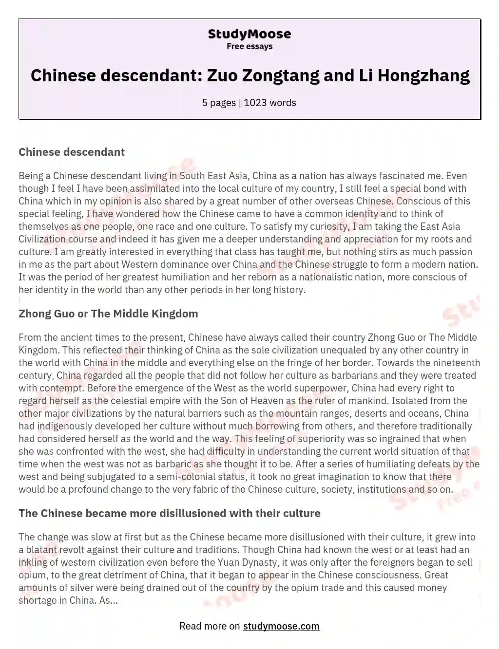 Chinese descendant: Zuo Zongtang and Li Hongzhang essay