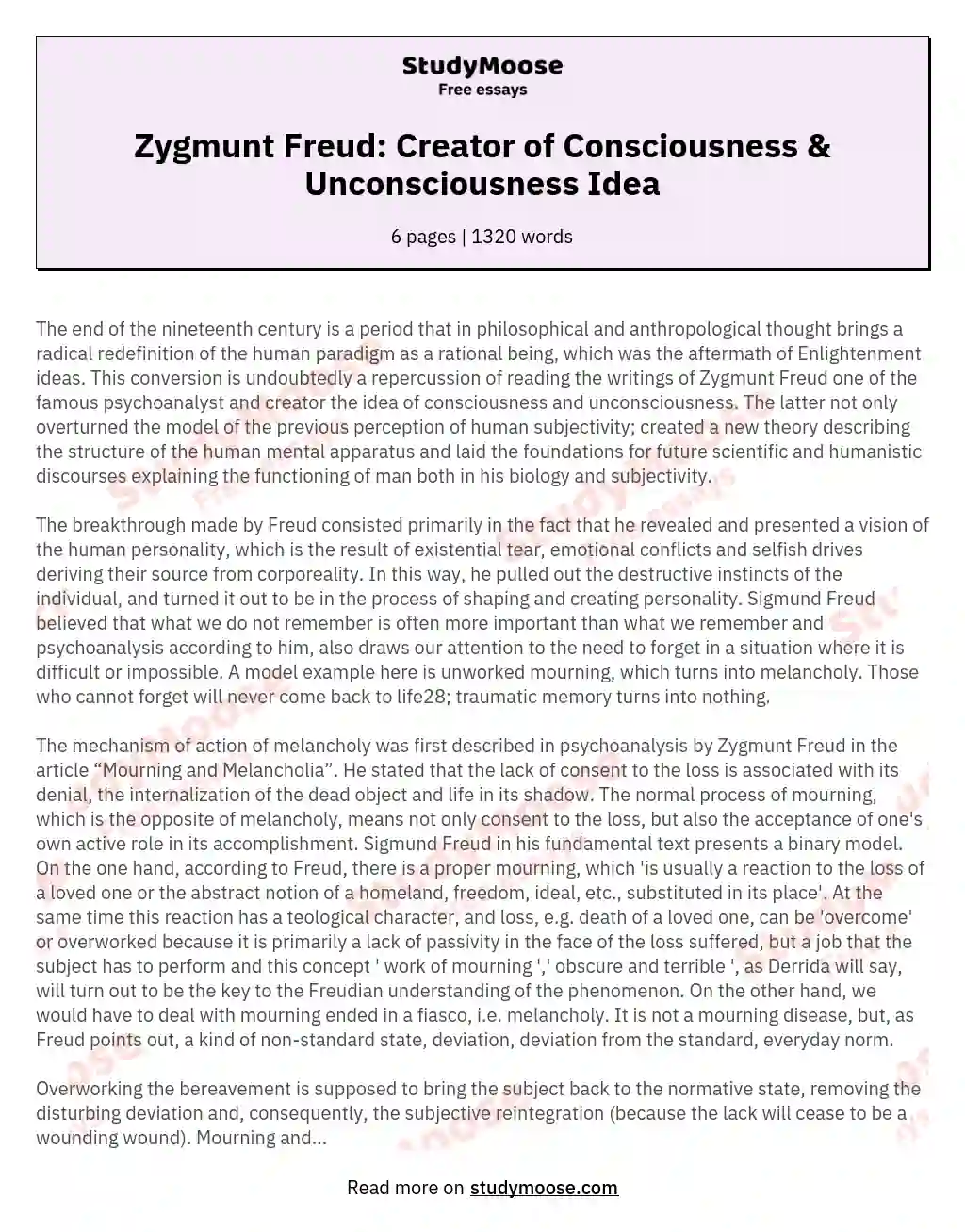 Zygmunt Freud: Creator of Consciousness & Unconsciousness Idea essay