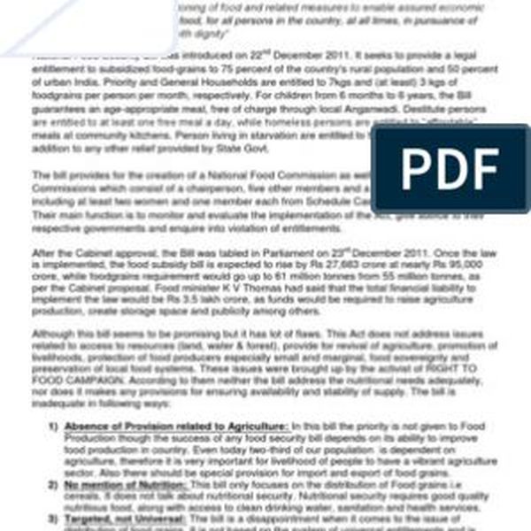 Food Security Bill 2011 Essay Examples