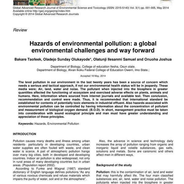 Hazards Of Environmental Pollution Essay Examples