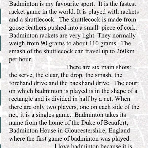 My Favorite Game Badminton Essay Examples