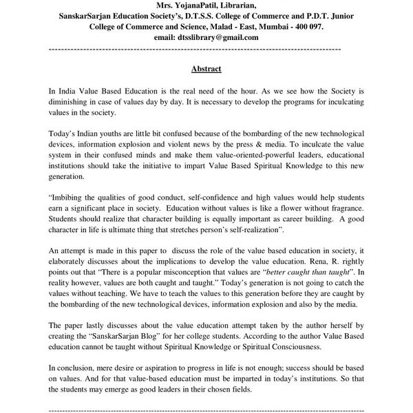 Need For Value Based Education Essay Examples